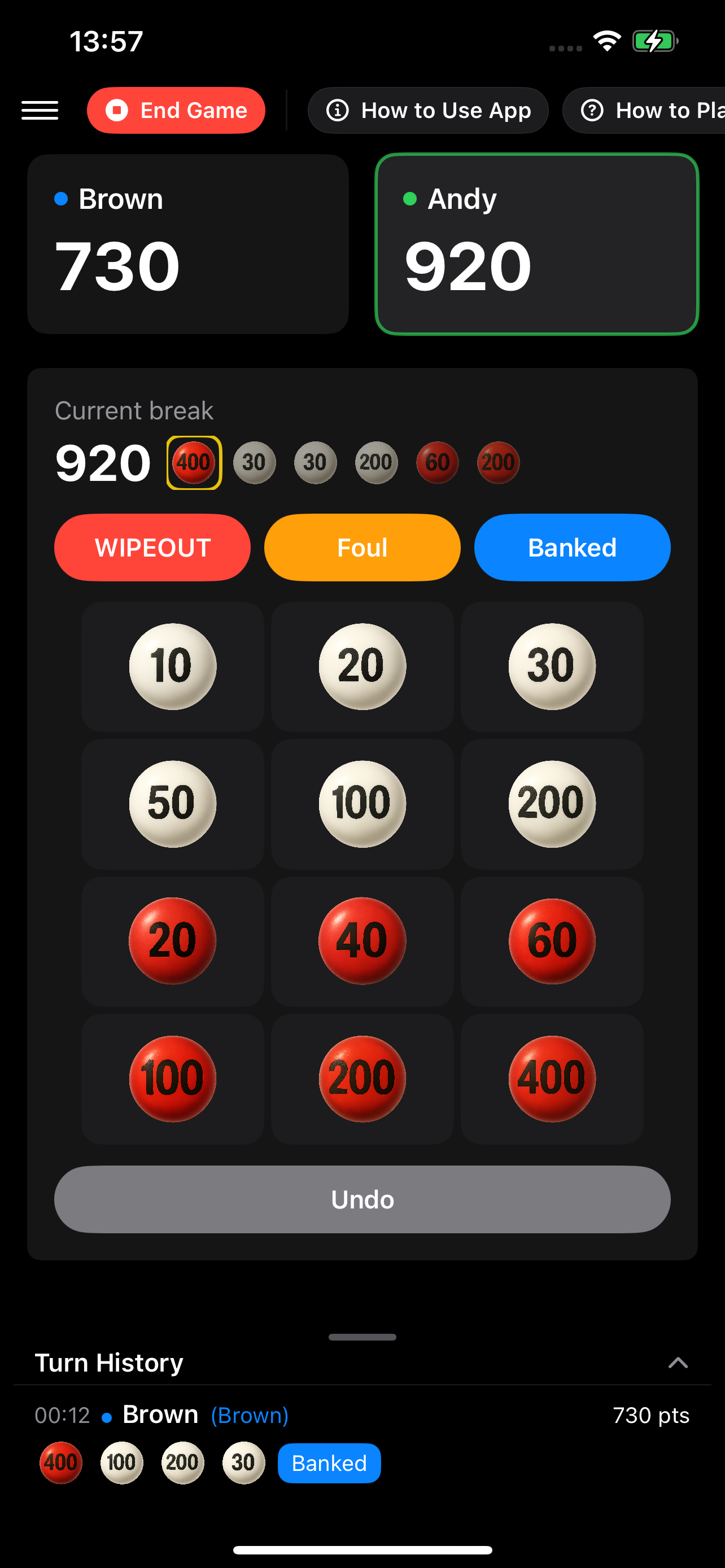 Scoring screen with current break
